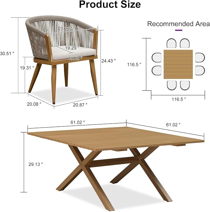 PURPLE LEAF Outdoor Dining Set for 8 All-Weather Aluminum 9 Piece Furniture Sets with Woodgrain Large Square Table and Rope Weave Chairs Included Cushions for Backyard Indoor Patio Set Teak Color - Image 7