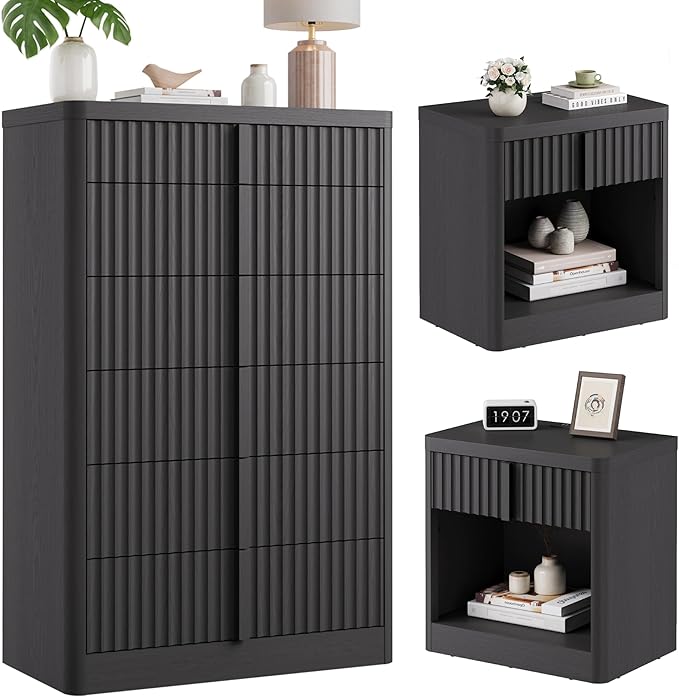 Fluted Dresser and Nightstand 3-Piece Bedroom Set, 49" Tall 6-Drawer Dresser and 2 of Nightstands with Charging Station, Curved Profile Design, Modern Bedroom Dressers Sets, Black