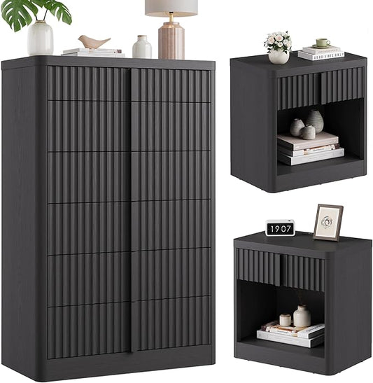 Fluted Dresser and Nightstand 3-Piece Bedroom Set, 49" Tall 6-Drawer Dresser and 2 of Nightstands with Charging Station, Curved Profile Design, Modern Bedroom Dressers Sets, Black