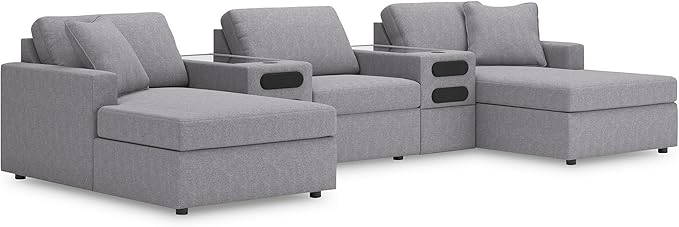 Signature Design by Ashley Modern Modmax Stain Resistant U-Shape Symmetrical 5-Piece Sectional with Chaise and Audio Console, Gray