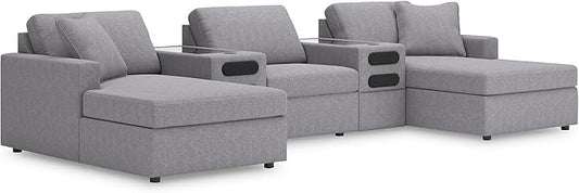 Signature Design by Ashley Modern Modmax Stain Resistant U-Shape Symmetrical 5-Piece Sectional with Chaise and Audio Console, Gray