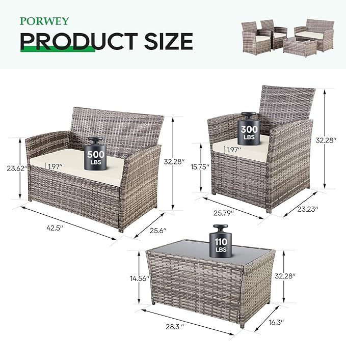 4 Piece Patio Furniture Set, Outdoor Wicker Conversation Set with Coffee Table, Modern Weather-Resistant Rattan for Porch Garden Lawn, Gray Wicker/Beige Cushion