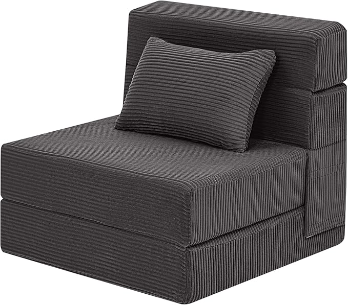 MeMoreCool Boneless Folding Chair Bed – Dark Grey Corduroy Single Sleeper Sofa, 4-in-1 Convertible Futon Couch with Pillow, Compact Fold-Out Floor Mattress with Washable Cover for Bedroom, Guest Room
