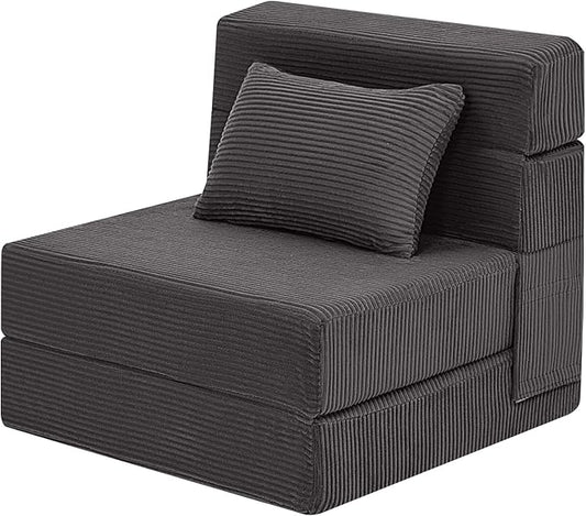 MeMoreCool Boneless Folding Chair Bed – Dark Grey Corduroy Single Sleeper Sofa, 4-in-1 Convertible Futon Couch with Pillow, Compact Fold-Out Floor Mattress with Washable Cover for Bedroom, Guest Room