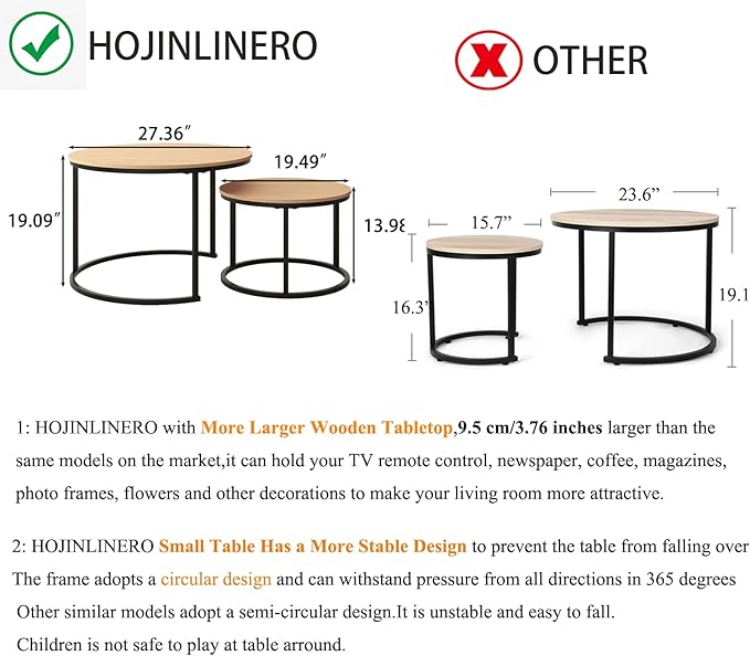 HOJINLINERO Round Coffee Table,Nesting Coffee Table Set of 2,Center Tables for Living Room,Office, Home Small Space,Stacking Side Tables,Sturdy and Easy Assembly,Wood Desktop,Black+Teak OAKDK,Large