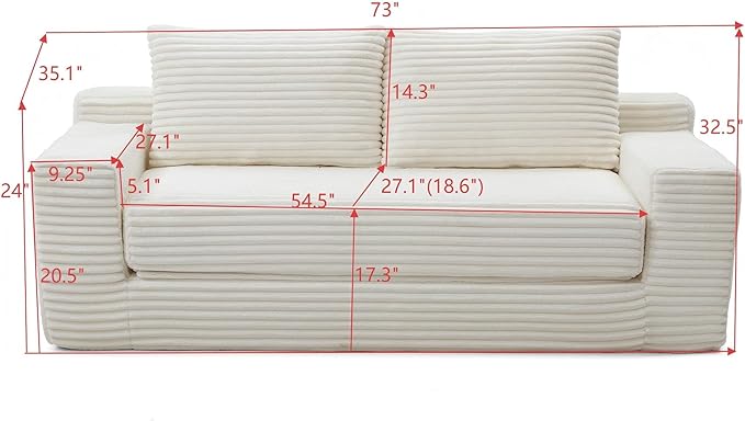 73" Convertible Sofa Bed, 2 in 1 Corduroy Folding Couch with Pillows, No Assembly Boneless Compression Sofa in Box, Loveseat with Side Storage Pocket for Apartment, Living Room, Beige