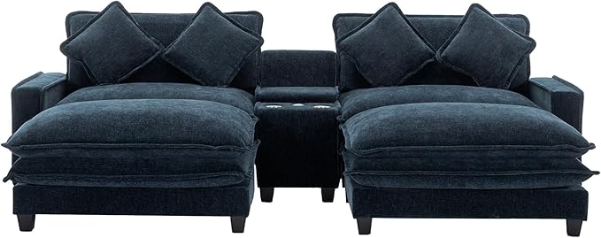 Sectional Sofa Chenille Upholstered with 2 Removable Ottoman, 2 USB Ports, 2 Cup Holders Large Storage Box for Living Room