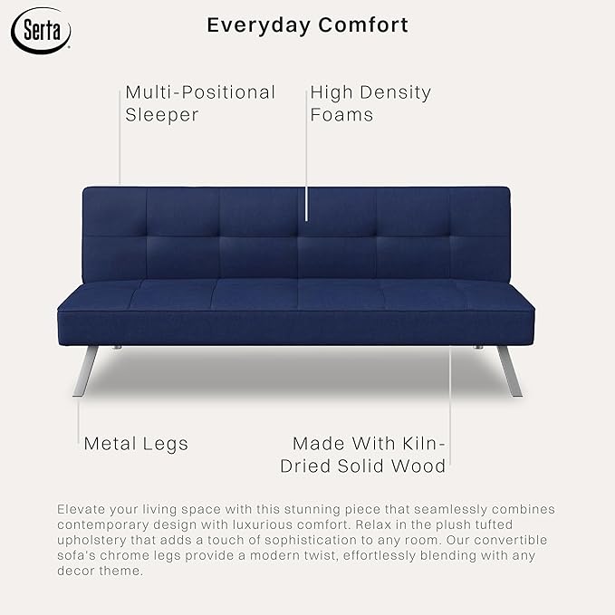 Serta® Rane Futon Sofa Bed 66.1", 3-in-1 Convertible Couch Sleeper for Small Spaces, Tufted Back, Twin Size Guest Bed, Blue Woven Fabric