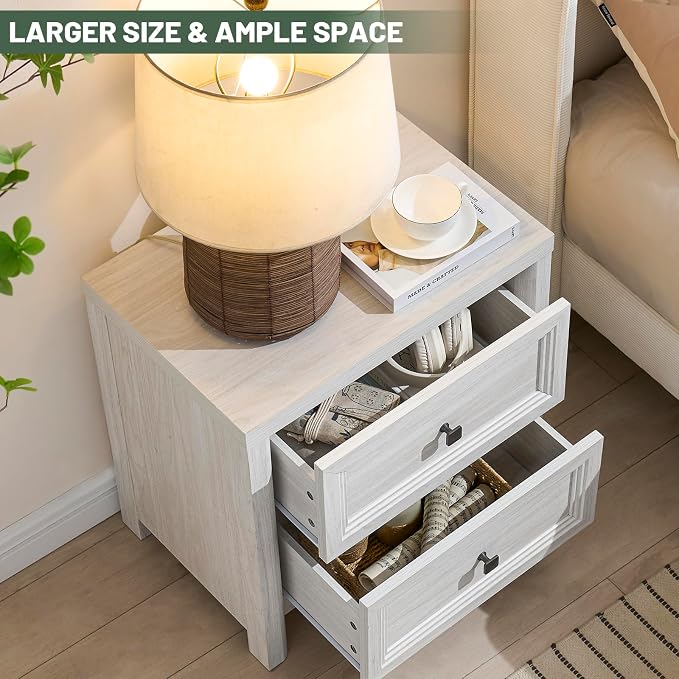 Farmhouse White Night Stands Set of 2, Bedside Tables Nightstands with 2 Drawers Storage, 22.8" Large Rustic Wood Night Stand, Bed Side Table for Bedroom Living Room Sofa Couch Office - Image 5