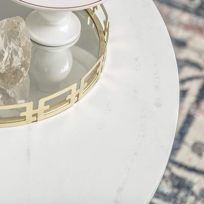 Walker Edison Modern Glam Round Accent Faux White Marble Coffee Table with Gold X-Base, 35.5 Inch