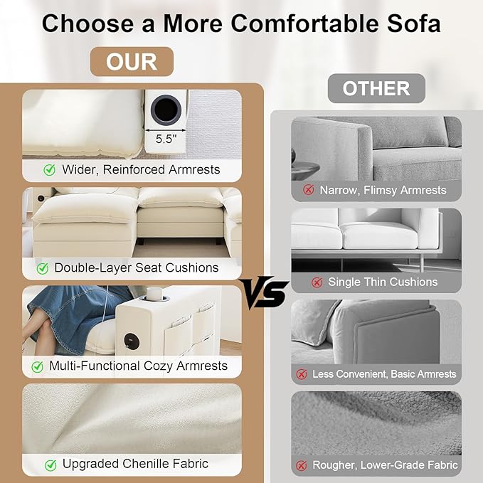 152" Modular Sectional Sofa, U Shaped Cloud Couch with Movable Ottoman, Chenille Deep Seat Cloud Sofa with Charging Station, Cup Holder, Side Pocket, Sectional Couches for Living Room, Beige