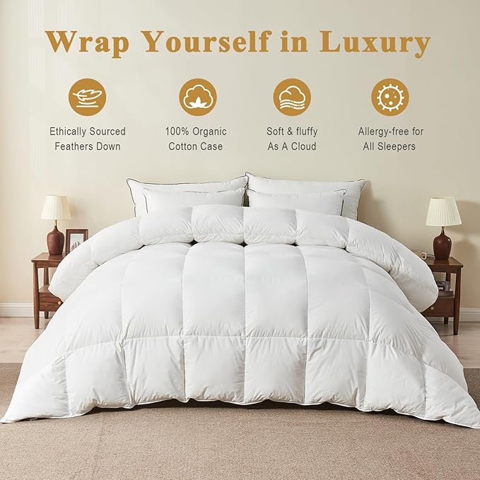 TOPGREEN Organic Feather Down Comforter Oversized Queen, Luxury Extra-Fluffy Duvet Insert, All Season Bed Comforter with Ultra-Soft Organic Cotton Case (98x98 Inch, Ivory White)