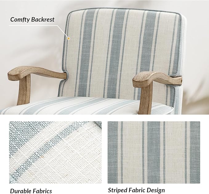 HULALA HOME Upholstered Accent Chair, Mid-Century Modern Striped Chair with Graceful Curves and Wooden Legs, Comfy Lounge Armchair Striped Accent Chairs for Living Room, Bedroom (Blue)