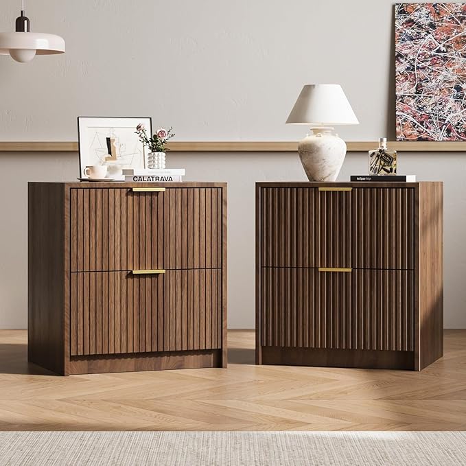 MAISONARIA 3-Piece Dresser Bedroom Set, 8 Drawer Dresser & 2 Drawer Nightstands with Gold Handles, Fluted Wood Chest of Drawers for Bedroom, Living Room, Entryway, Walnut