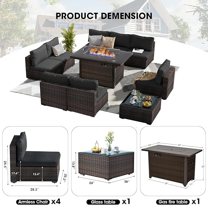 Patio Furniture Set with Fire Pit Table 10 Piece All Weather PE Rattan Outdoor Sectional Sofa Couch with 8 x armless sofa, No-Slip Cushions and Glass Top Table for Garden, Poolside, Backyard (Black)