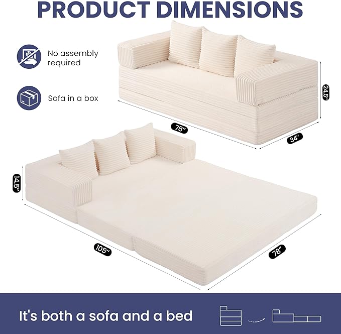 Convertible Sofa Bed Couch, 78’’ Oversized 4-in-1 Boneless Couches with Removable Armrests Backrest, Corduroy Futon Sofa Bed, Foldable Mattress Sleeper Sofa for Living Room Bedroom (Beige)