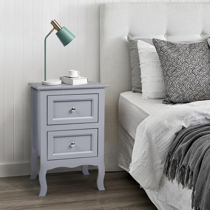 Karl home Grey Nightstand Set of 2 for Bedroom, Vintage Small Night Stand with Drawers, Farmhouse Side Table, Wooden End Tables with Curved Legs for Office, Mid-Century - Image 8