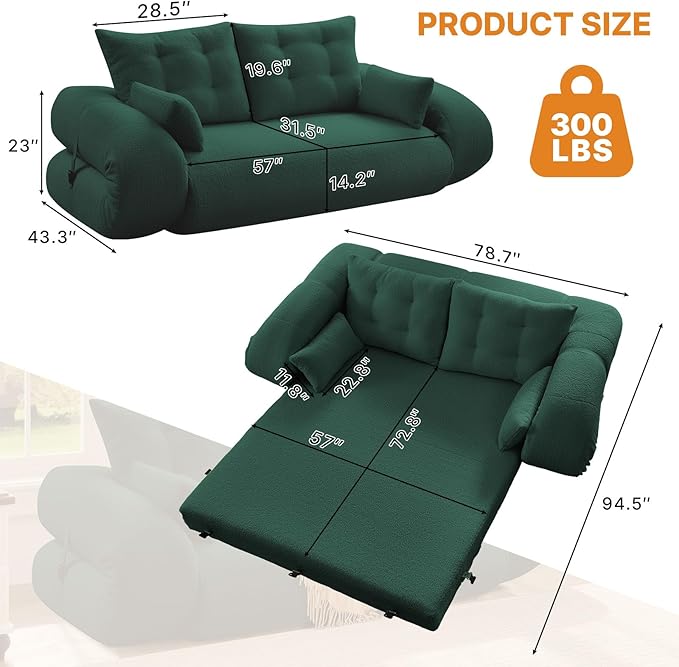 Rovibek 94" x 78" Oversized Floor Sofa with 4 Pillows, 3-in-1 Convertible Sleeper Sofa Bed, Compressed Couch in a Box for Living Room, Apartment, and Guest Roomg, Green