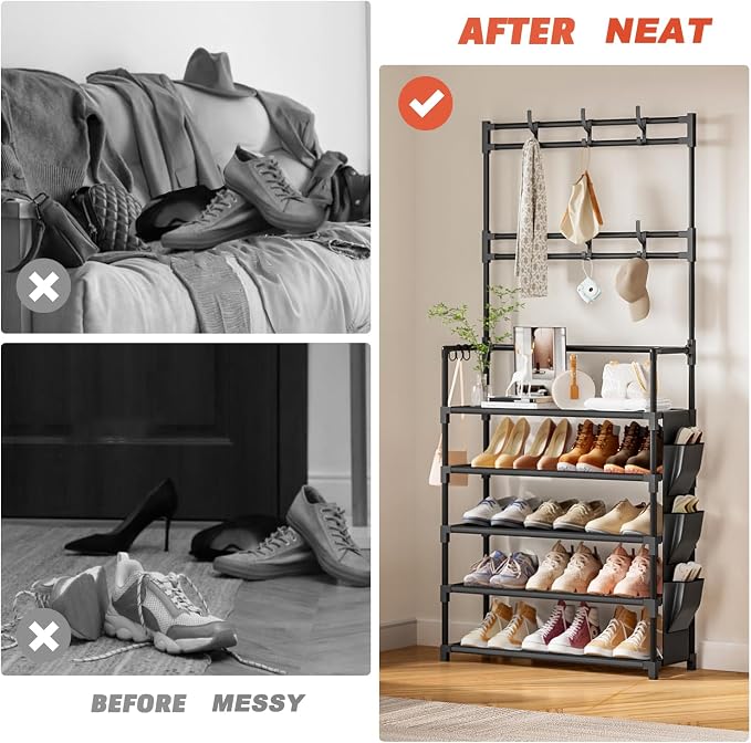 OYREL Shoe Rack 5 Tier Shoe Organizer Storage 15-20 Pairs Shoes Rack for Closet Entrance Shoe Rack Organizer with Hooks and Side Pocket Entryway Shoe Holder Space Saving Free Standing Shoe Racks - Image 8