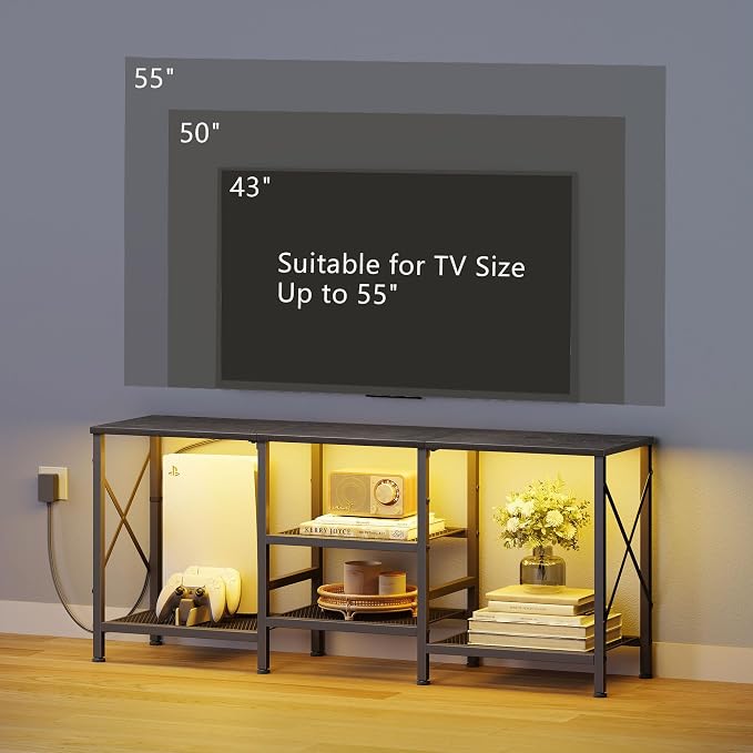 JARHETUN TV Stand with LED Lights for 55 Inch TV, Entertainment Center with 3-Tier Open Shelves, TV Console Table for Living Room, Bedroom, Black - Image 7