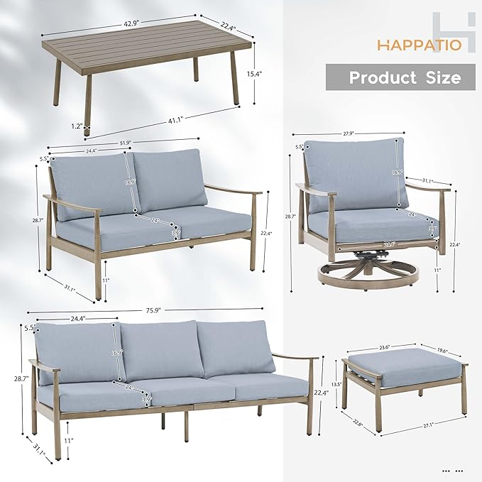 HAPPATIO Patio Outdoor Furniture Set - 7 Pieces Aluminum Outdoor Conversation Set Includes 1 Three-Seater Sofa, 1 Loveseat, 1 Coffee Table, 2 Swivel Chairs and 2 Ottomans for Porch, Lawn (Brown)