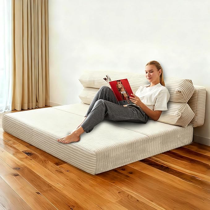Convertible Sofa Bed, Folding Sofa Bed Couch, Pallout Floor Couch, Convertible Futon Chair Beds, Floor Teddy Sofa, Mini Couch for Bedroom, Love Seat Sleeper Beds(Beige White,51.1"×53.9"×23.6")