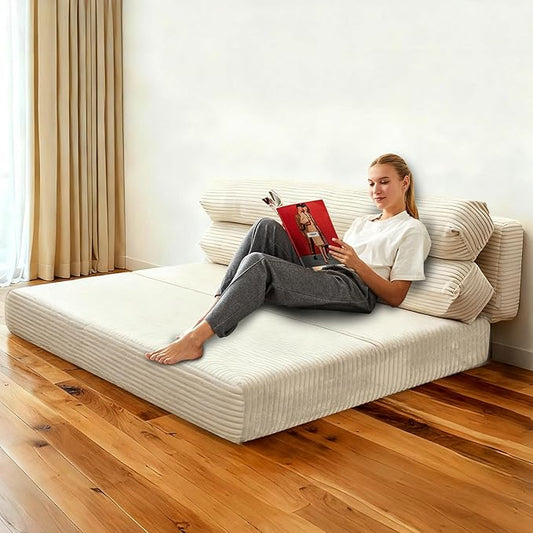 Convertible Sofa Bed, Folding Sofa Bed Couch, Pallout Floor Couch, Convertible Futon Chair Beds, Floor Teddy Sofa, Mini Couch for Bedroom, Love Seat Sleeper Beds(Beige White,51.1"×53.9"×23.6")