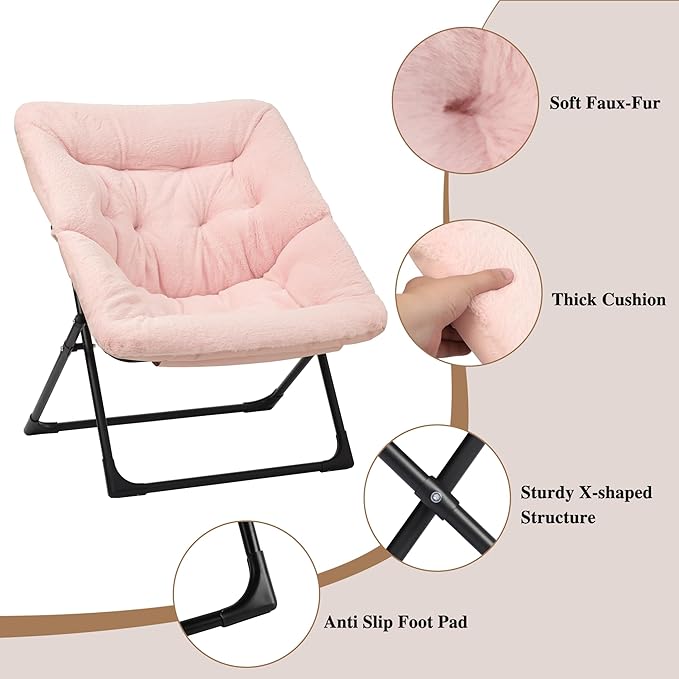 Comfy Saucer Chair for Adults, Soft Faux Fur Bedroom Chair with Ottoman, Accent Dorm Chairs, Living Room Reading Chairs and Footstool, Folding Seat for Teens, X-Large, Light Pink