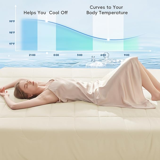 HYLEORY Cooling Comforter Twin Size - Summer Cooling Blanket for Hot Sleepers/Night Sweats, Double-Sided Cold Touch Silky Ice Comforters, Breathable Lightweight Beddings, Cool Cream, 68"x90"