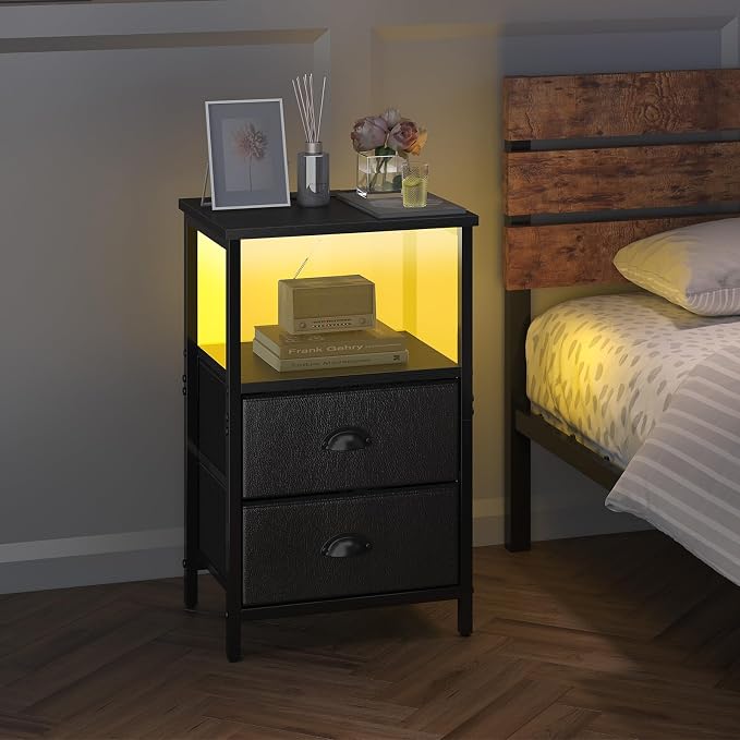 sthmec Nightstand with Charging Station, Night Stand with 2 Fabric Drawers PU Finish, Bedside Table End Table with LED Light, 3-Tier Storage Side Table Nightstand with Drawers for Bedroom,Black - Image 7