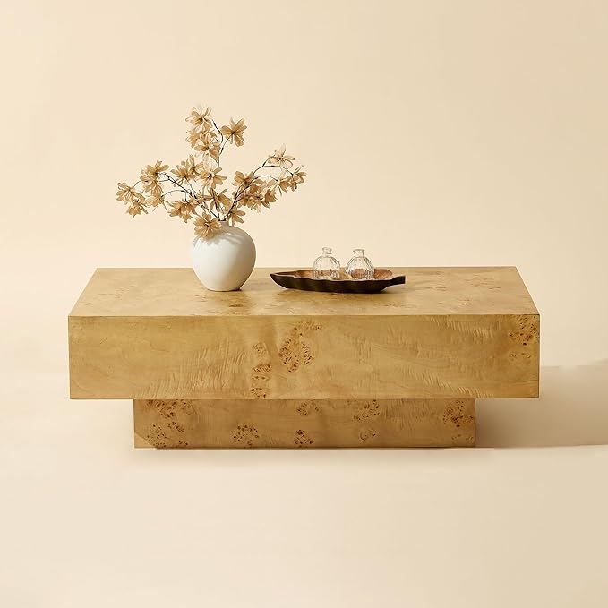 WILLIAMSPACE 43.31" Rectangle Coffee Table with Burl Wood Veneer & Sturdy Base, Modern Luxury Wood Drum Center Table Accent Side End Table for Living Room Apartment, Natural