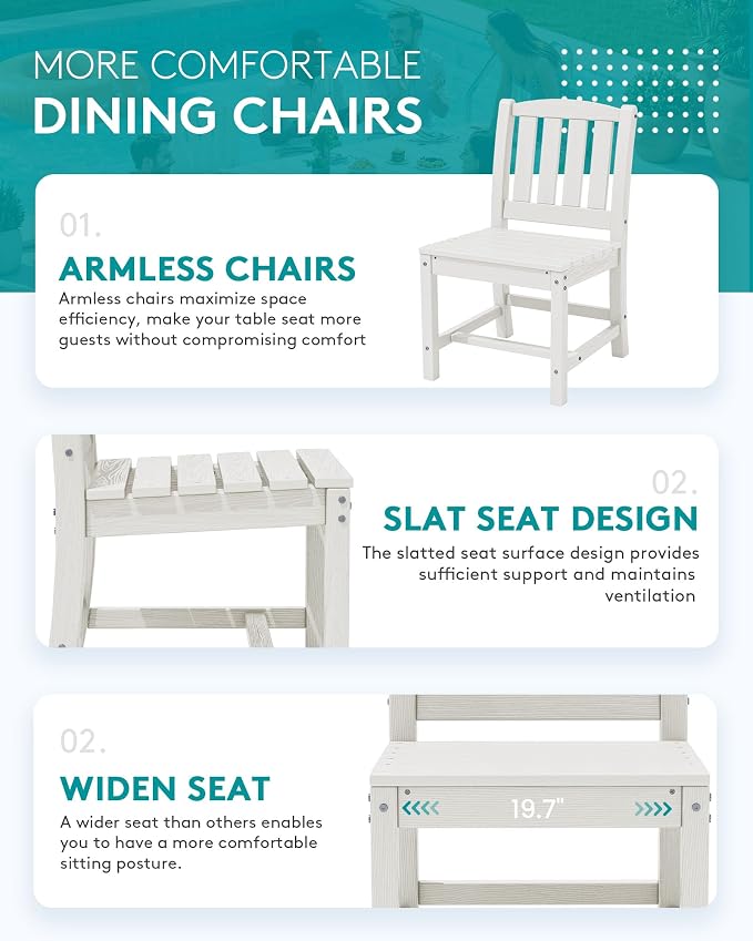SERWALL 9-Piece Outdoor Dining Set, 60" - 83" Expandable Outdoor Dining Table and 8 HDPE Chairs, All Weather HDPE Outdoor Furniture Set for Backyard, Garden, White - Image 6