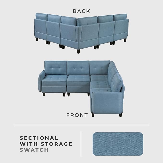 Lexicon L Shape Sectional Couch with Hidden Storage, Textured Fabric Modular Sectional Sofa with Button-Tufted Design, Reversible Back Cushion, 5 Seater Large Sofa, Blue