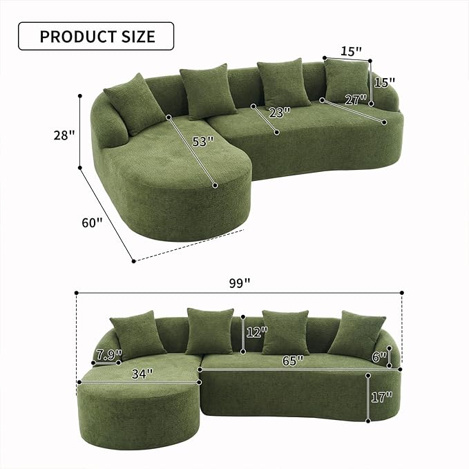 KEIKI L-Shaped Chenille Modular Sectional Couches with Chaise Lounge & 4 Pillows, 3 Seater Oversized Upholstered Luxury Plush Cloud Sofa for Living Room Apartment, Full Sponge Compression