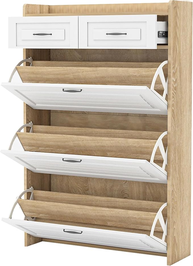 Vibe & Dine Shoe Cabinet with 3 Large Flip Drawers & 2 Storage Drawers, Narrow Shoe Organizer Cabinet Fits for Kinds of Shoes, Slim Shoe Storage Cabinet for Entryway, Hallway, Bedroom, Natural Wood - Image 7