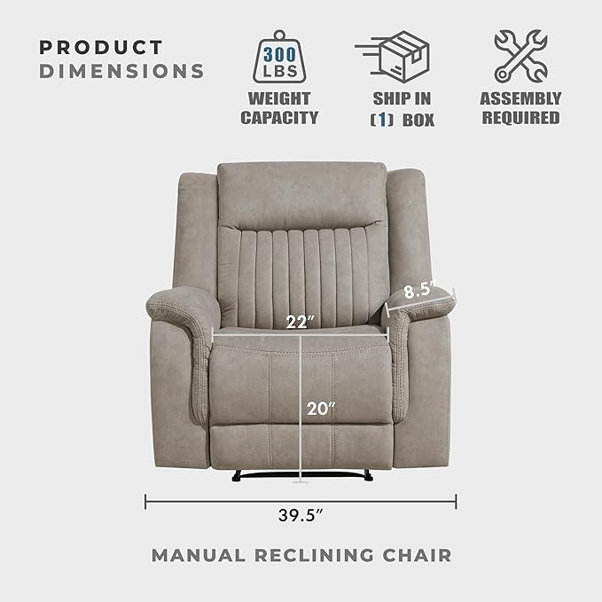 Lexicon Manual Recliner Chair, Polished Microfiber Reclining Sofa Chair, Home Theater Seating, Wall Hugger Manual Recliner for Living Room/Office/Apartment, Dove