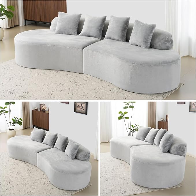 Curved Multi-Seater Sofa, Modern Modular Sofa with Cylindrical Backrest & 4 Coordinating Pillows, 111'' Flannelette Leisure Combination Couch with Ergonomic Design for Living Room, Light Grey