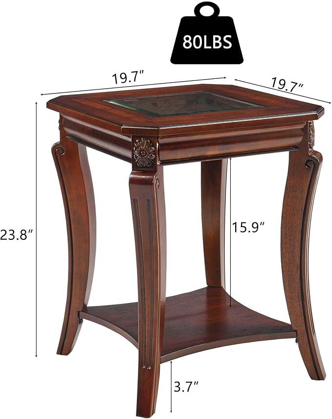 PADMA HOUSE Traditional Wood End Table with Glasstop and Curved Legs, Square Solid Wood Sofa Side Table with Storage Shelf, 2-Tier Glass Bedside Tables in Cherry for Living Room,19.7 * 19.7 * 23.8in