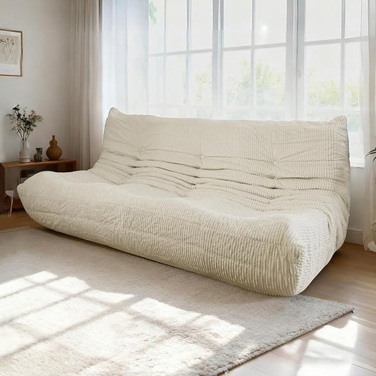 Fireside Loveseat Mid-Century Armless Sofa — Twin-Size Floor Lounger in Soft Premium Corduroy, Foam-Filled Accent Chair for Living Room or Bedroom (Ivory, Three Seater)