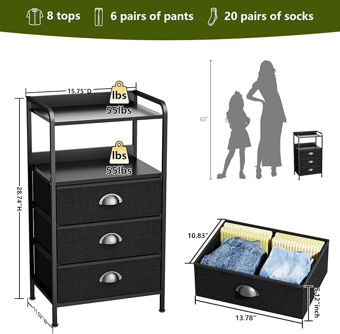 Night Stand Set 2, Nightstand with 3 Fabric Drawers and 2-Tier Shelf, Small Dresser Organizer, Bedside Table with Storage, End Table Side Furniture, Steel Frame, Wood Top, Black - Image 3
