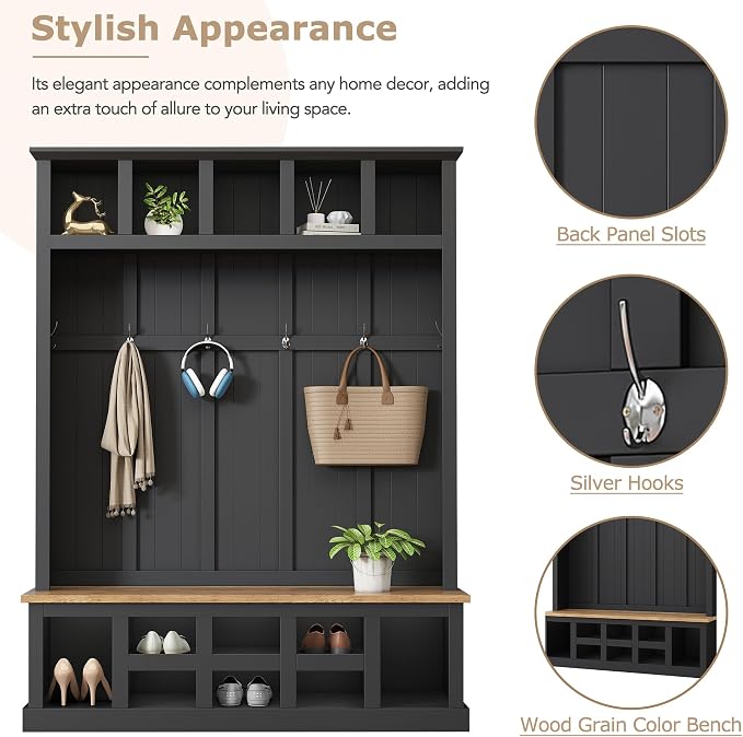 Farmhouse Wood Hall Tree with Bench and Shoe Storage, 5-in-1 Coat Rack with 6 Hooks for Entrance, Hallway Black - Image 4