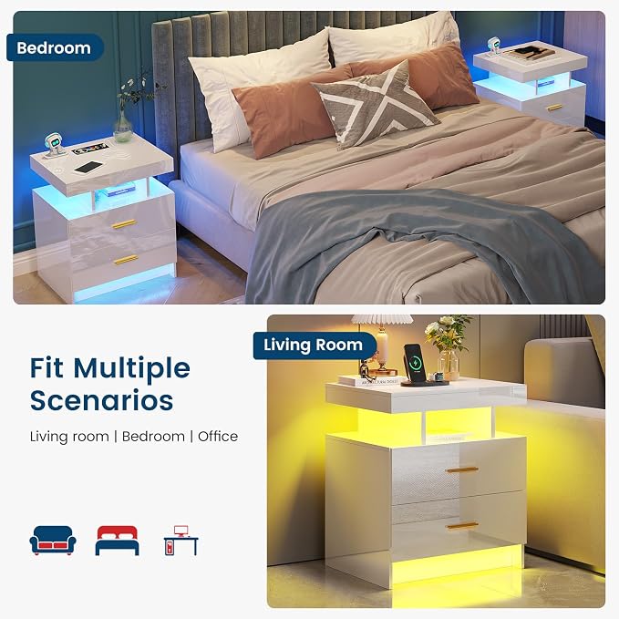 HNEBC Auto LED Nightstand with Wireless Charging Station & USB Ports,High Gloss Bedside Tables with 2 Drawers,Floating Nightstand with 3 Color & Adjustable Brightness for Bedroom,White - Image 8
