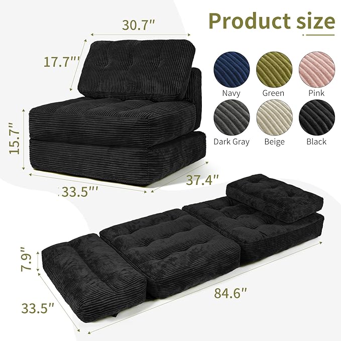 Art3d Folding Sofa Bed, Convertible Sleeper Sofa Bed with Pilow & Back Support, 3 in 1 Long Futon Boneless Couch, Comfy Floor Couch for Living Room, Bedroom, Black