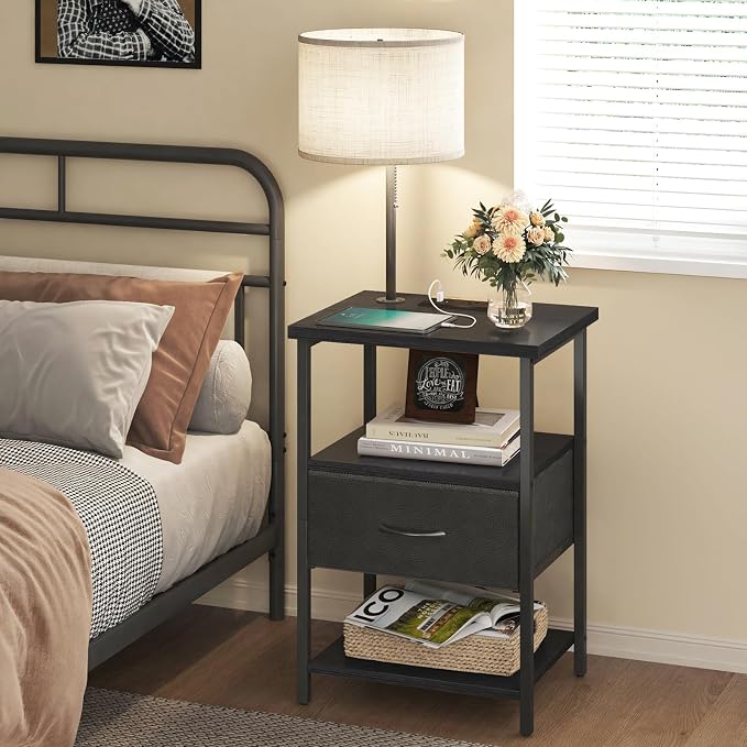 Fixwal Nightstand with LED Lights Bedside Table with 3 Color Temperatures Bulb, NightStand with Charging Station End Table with Adjustable Fabric Drawer for Bedroom Dorm, Black - Image 7