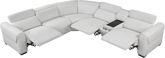 Lexicon Power Reclining Sectional Couches for Living Room-Modular Sectional Sofa, Wall Hugger,3 Recliner Seats, Console Cup Holders, Power Headrests, Charging Ports, 5 Seater Couch, Chenille Cloud
