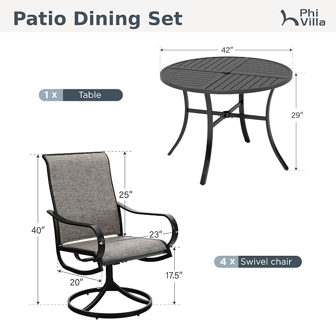 PHI VILLA Patio Dining Set 5 Piece, 4 Breathable Textilene Swivel Patio Chairs and 1 Round Metal Table with 1.57" Umbrella Hole, All Weather Resistant for Lawn Garden - Image 9