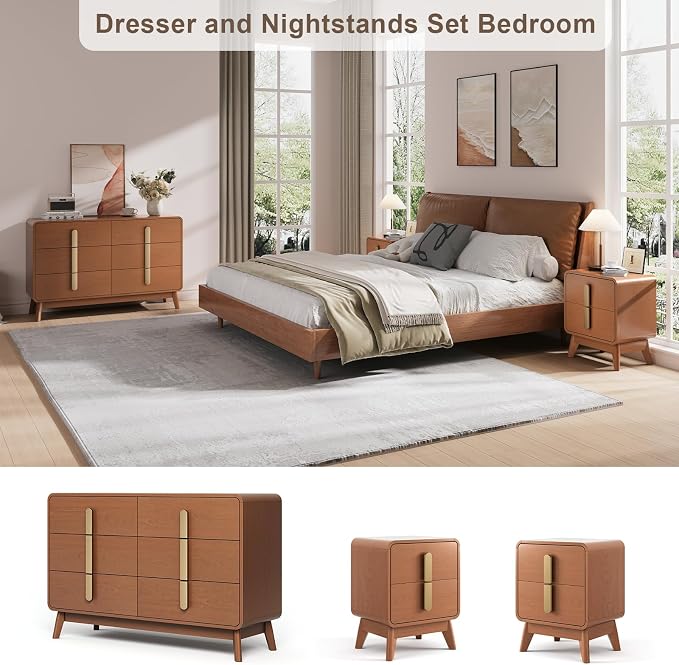 JOINICE Night Stand Set 2, Mid Century Modern Bedside Table with Drawers, Curved Profile Design End Table with Metal Handle, Nightstand Set of 2 with Storage, Bed Side Tables for Bedroom, Cherry - Image 5