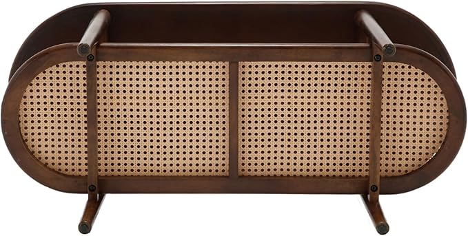 Walnut Rattan Coffee Table, 39.5" Oval Center Table with Storage Shelf, Modern 2-Tier Wood Side Table for Bedroom Small Space