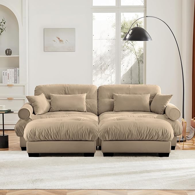 KEIKI 94" Oversized Velvet Modular Sectional Loveseat Sofa with 2 Ottoman, High-Density Foam Cushions and Bolstered Armrests, Upholstered 2-Seater Cloud Couch with 4 Pillow, for Living Room, Camel