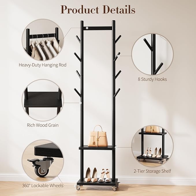 Yoobure Solid Wood Coat Rack Freestanding - Rolling Clothes Rack with 8 Hooks & Shelves, Small Clothing Rack with Wheels, Heavy Duty Clothing Racks for Hanging Clothes, Portable Hall Tree for Entryway - Image 5